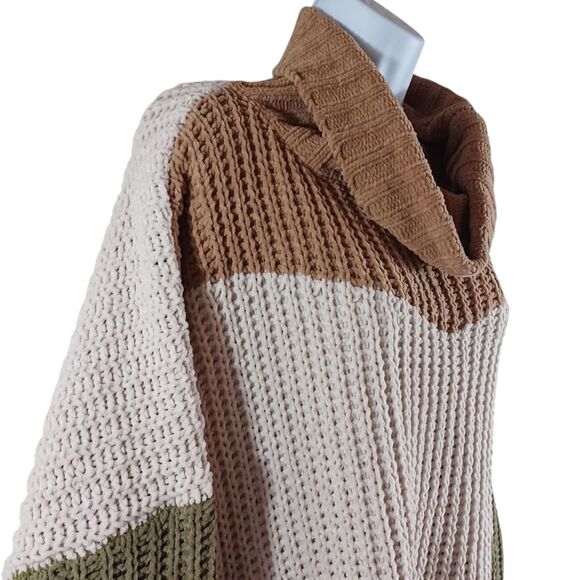 POL Chunky Knit Sz L Colorblock Sage Green Chenille Oversized Cowl Neck Sweater - Picture 6 of 11